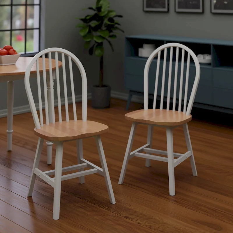 White & Natural Solid Wood Dining Chair, 6-Spindle Back, Set of 2