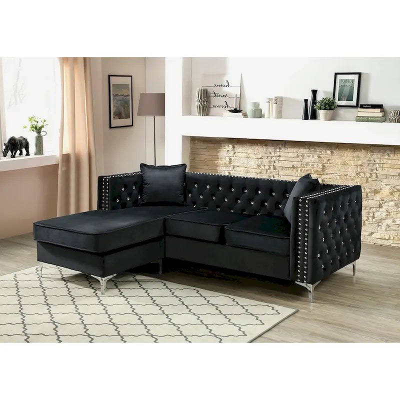 Gray Velvet Tufted L-Shape Sofa with Chaise, Seats 3