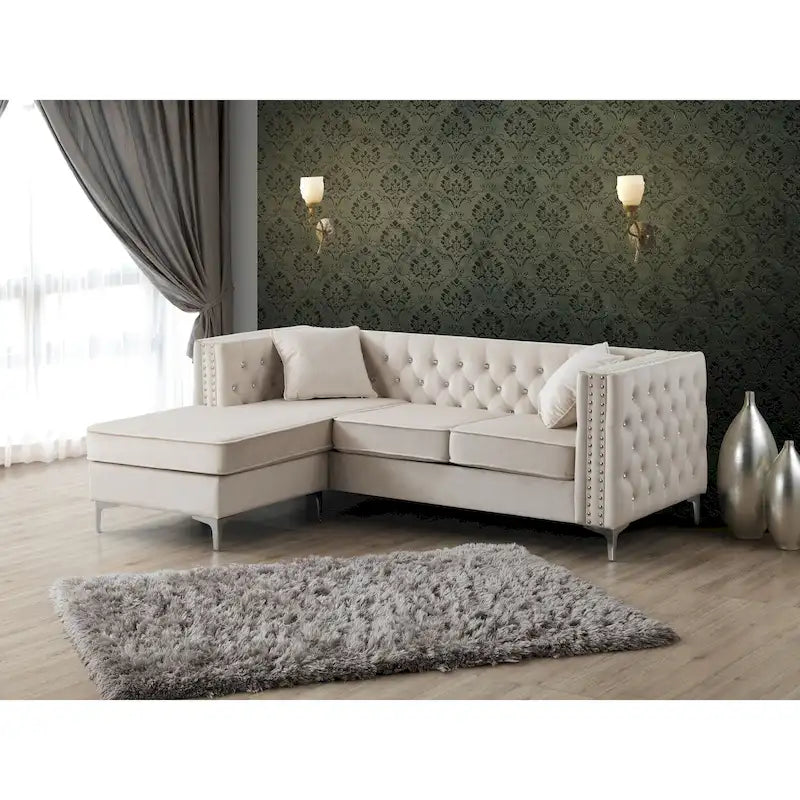 Gray Velvet Tufted L-Shape Sofa with Chaise, Seats 3