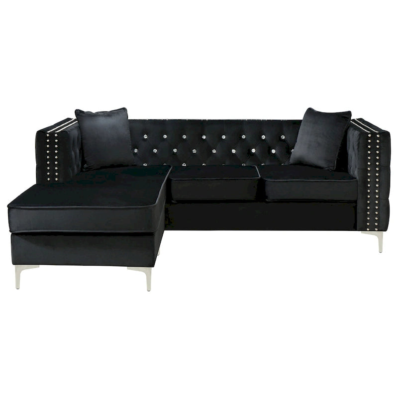 Gray Velvet Tufted L-Shape Sofa with Chaise, Seats 3