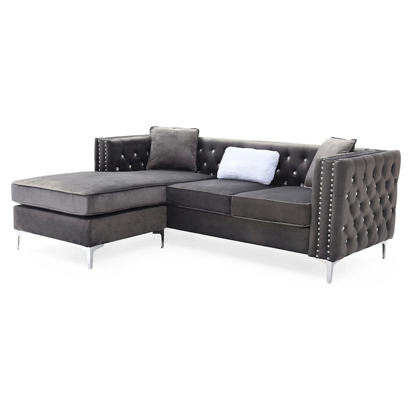 Gray Velvet Tufted L-Shape Sofa with Chaise, Seats 3
