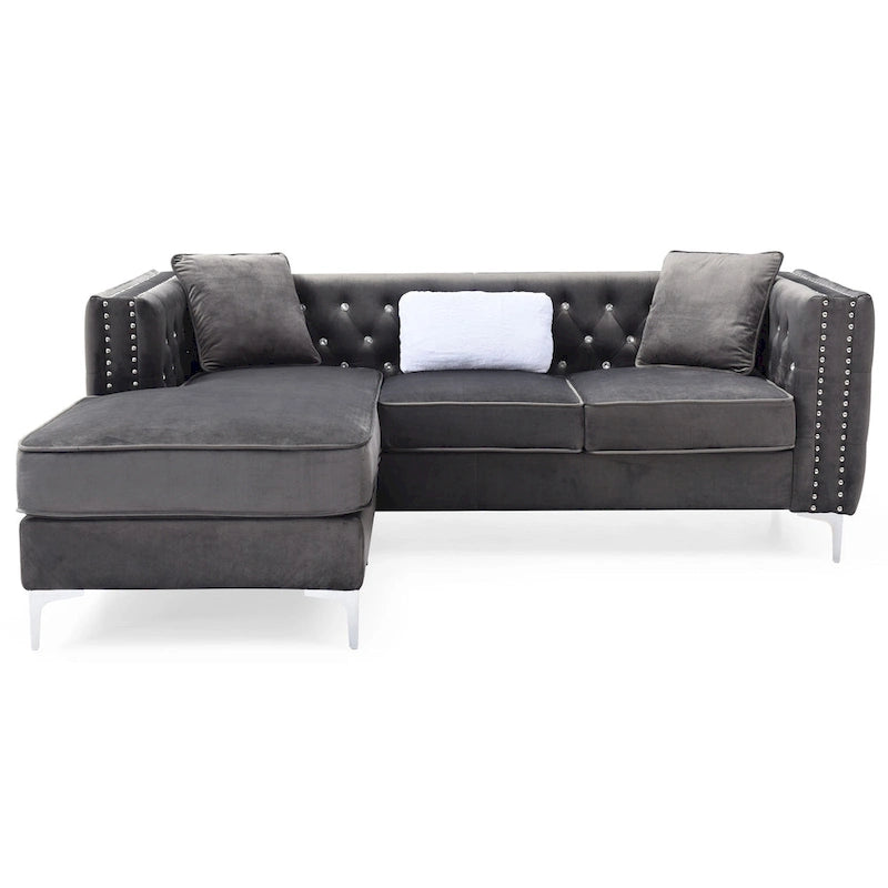Gray Velvet Tufted L-Shape Sofa with Chaise, Seats 3
