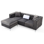 Gray Velvet Tufted L-Shape Sofa with Chaise, Seats 3