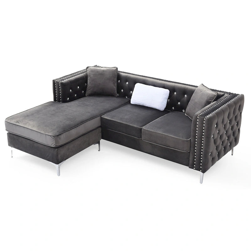 Gray Velvet Tufted L-Shape Sofa with Chaise, Seats 3