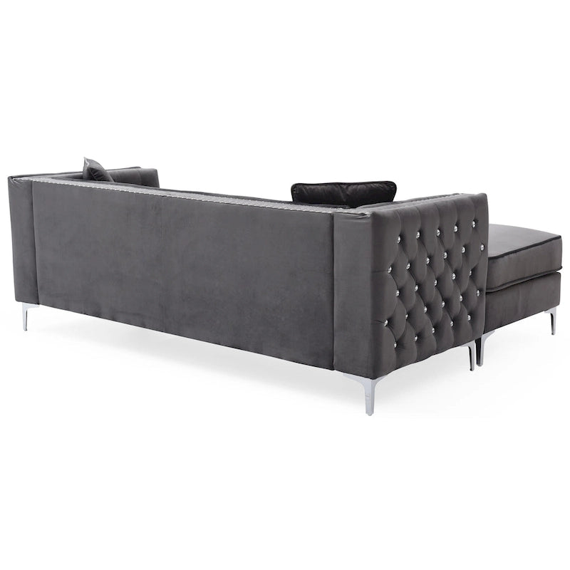 Gray Velvet Tufted L-Shape Sofa with Chaise, Seats 3