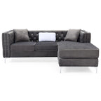 Gray Velvet Tufted L-Shape Sofa with Chaise, Seats 3