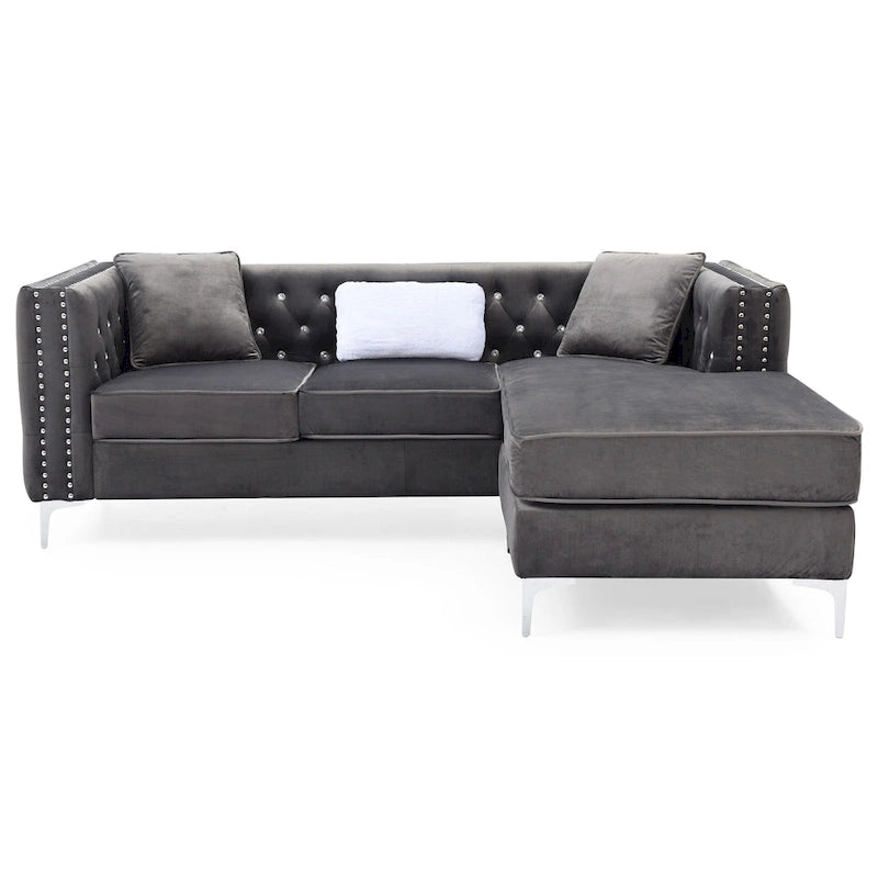 Gray Velvet Tufted L-Shape Sofa with Chaise, Seats 3