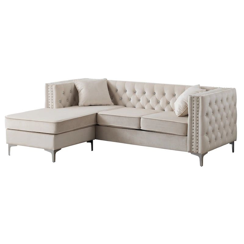 Gray Velvet Tufted L-Shape Sofa with Chaise, Seats 3