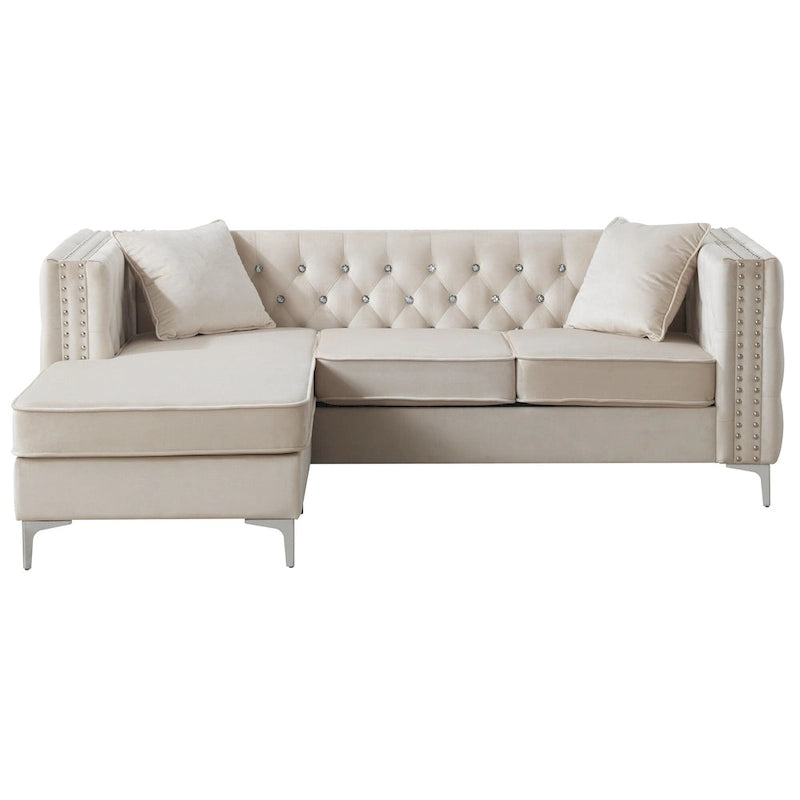 Gray Velvet Tufted L-Shape Sofa with Chaise, Seats 3