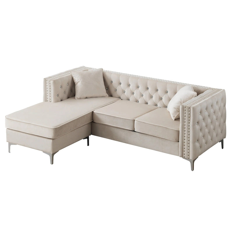 Gray Velvet Tufted L-Shape Sofa with Chaise, Seats 3