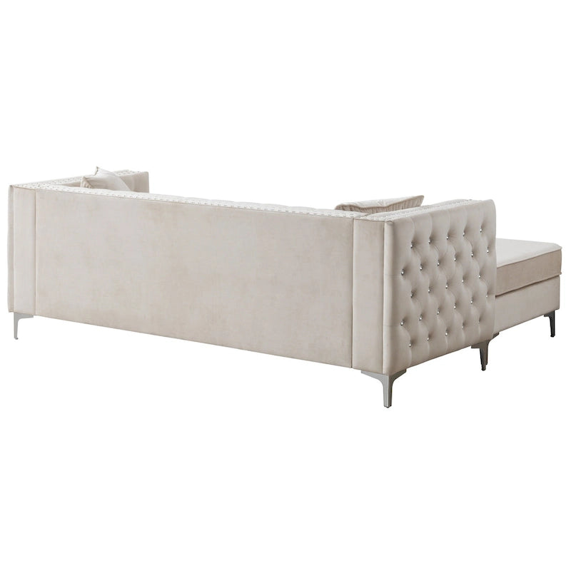 Gray Velvet Tufted L-Shape Sofa with Chaise, Seats 3