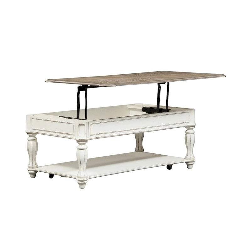 White & Weathered Brown Lift Top Cocktail Table, Seats 1