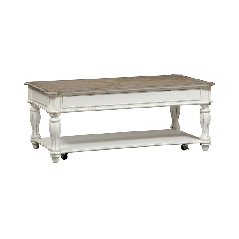 White & Weathered Brown Lift Top Cocktail Table, Seats 1