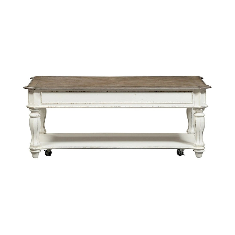 White & Weathered Brown Lift Top Cocktail Table, Seats 1