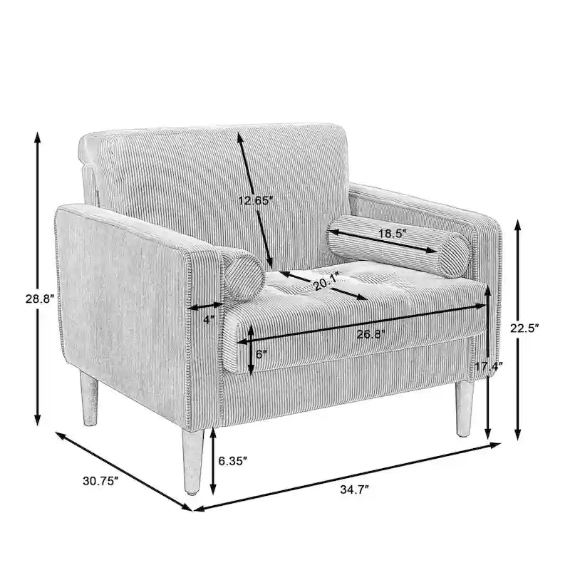 2 Pack Modern Corduroy Wide Armchair with Bolster Pillows