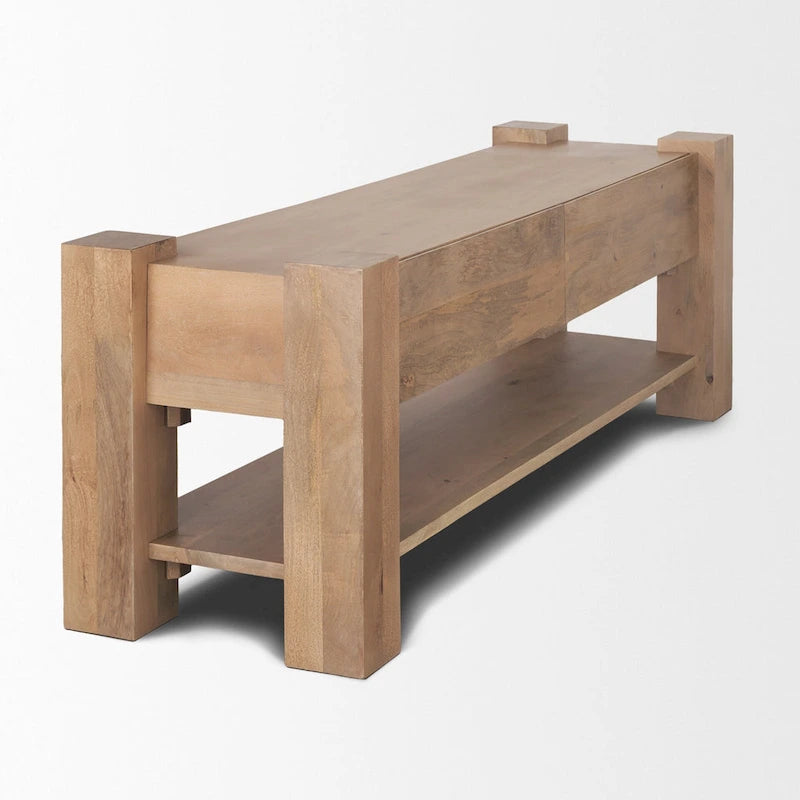 Light Brown Solid Mango Wood Media Console with 2 Drawers