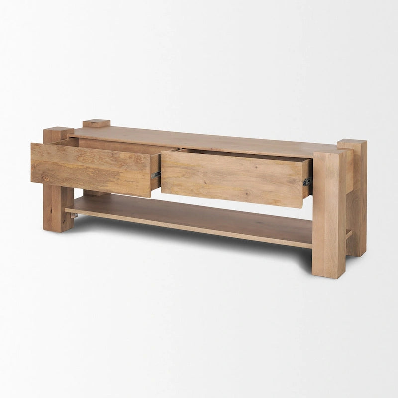 Light Brown Solid Mango Wood Media Console with 2 Drawers
