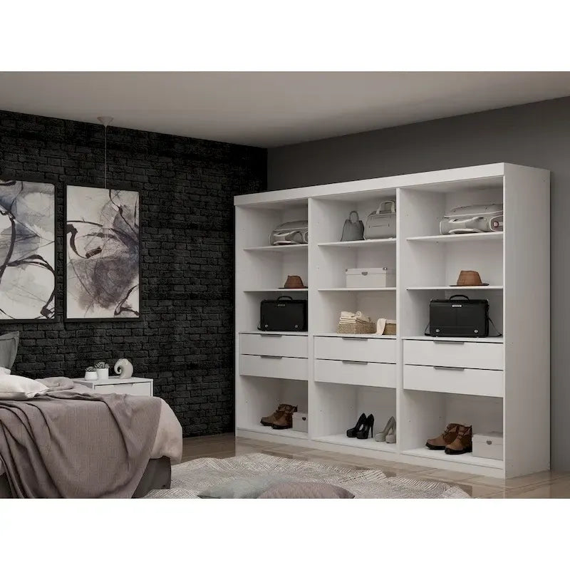 White Open 3-Section Wardrobe Closet with 6 Drawers – For 1 Person