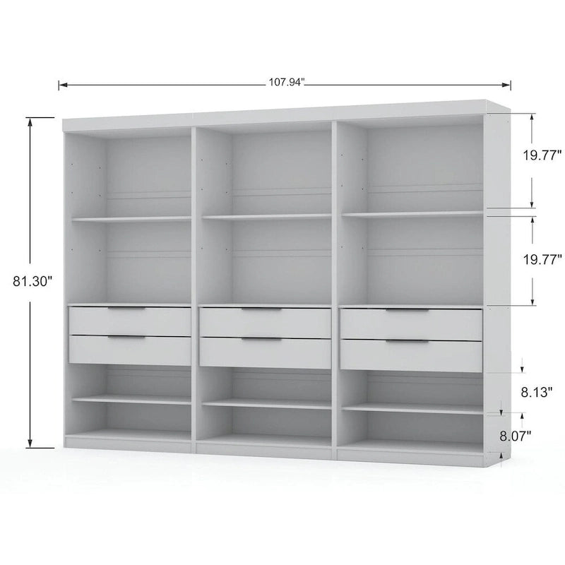 White Open 3-Section Wardrobe Closet with 6 Drawers – For 1 Person