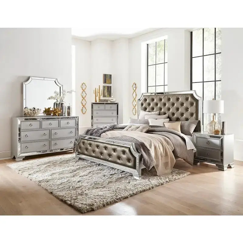Silver Gray Mirrored Tufted Bed | Queen & King | Sleeps 2