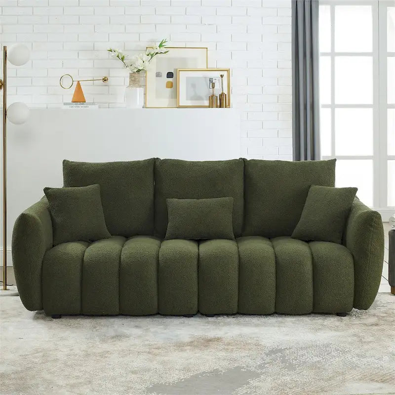 Upholstered Teddy Fabric Sofa with 3 Pillows and Solid Wood Frame