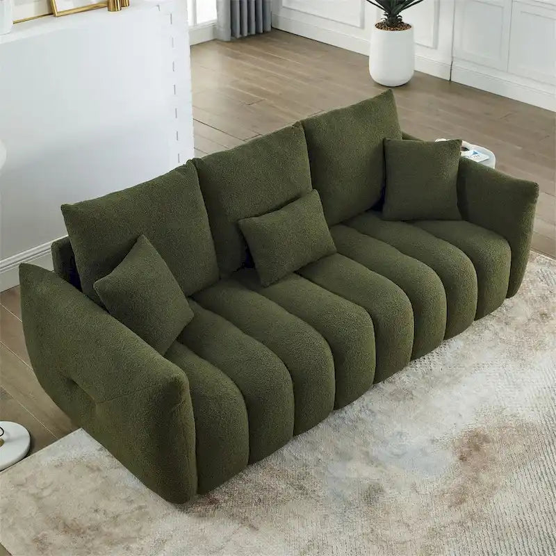Upholstered Teddy Fabric Sofa with 3 Pillows and Solid Wood Frame