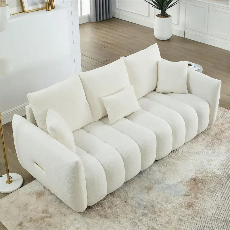 Upholstered Teddy Fabric Sofa with 3 Pillows and Solid Wood Frame