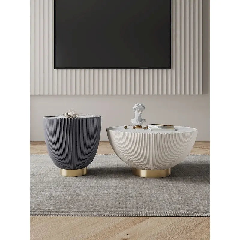 Gold Round Coffee & End Table Set, 2-Piece, Marble Top with Pleated Leatherette Base