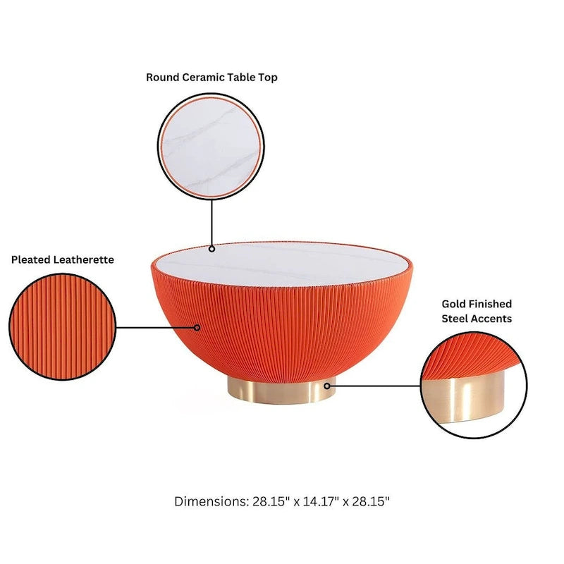 Gold Round Coffee & End Table Set, 2-Piece, Marble Top with Pleated Leatherette Base