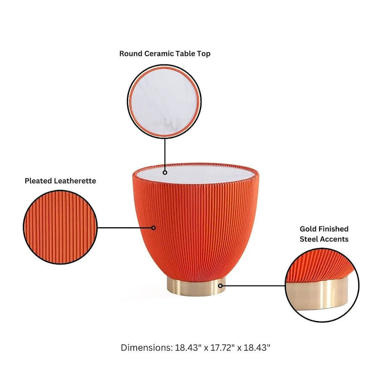 Gold Round Coffee & End Table Set, 2-Piece, Marble Top with Pleated Leatherette Base