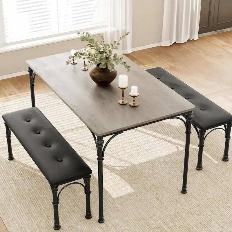 Dining Table Set for 4 with 2 Upholstered Bench