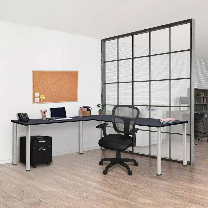 Beige/Black L-Shaped Corner Desk with 42" Return, 1-Person