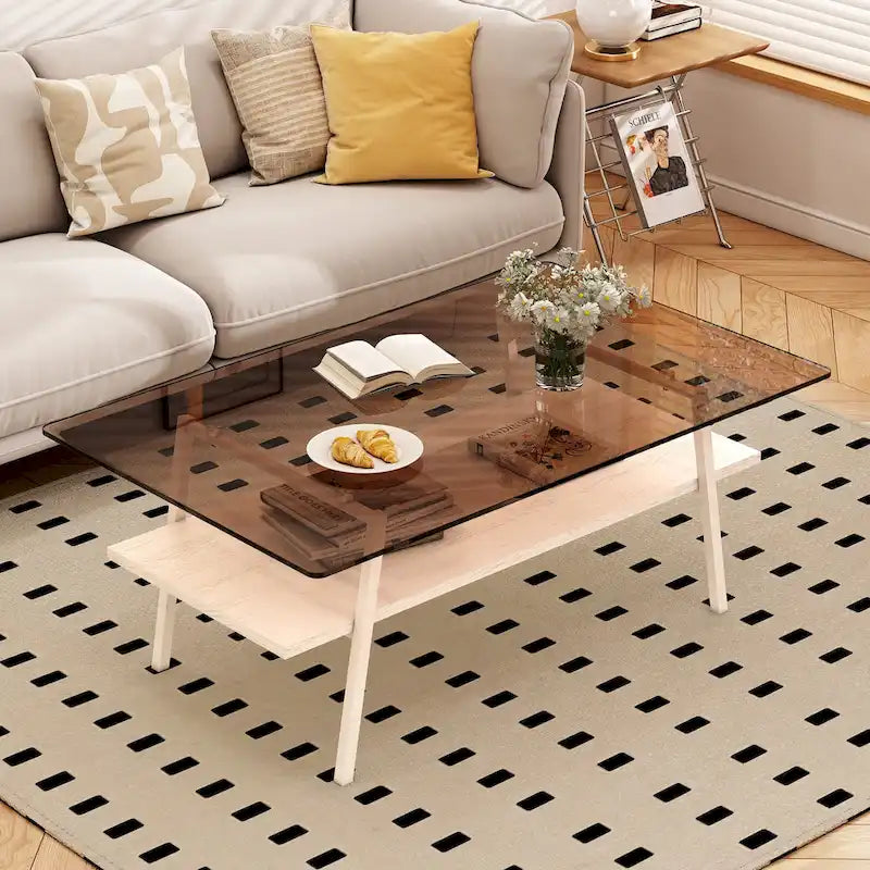 Rectangle Coffee Table,Tempered Glass Tabletop with Metal Legs,Modern Table for Living Room,Glass