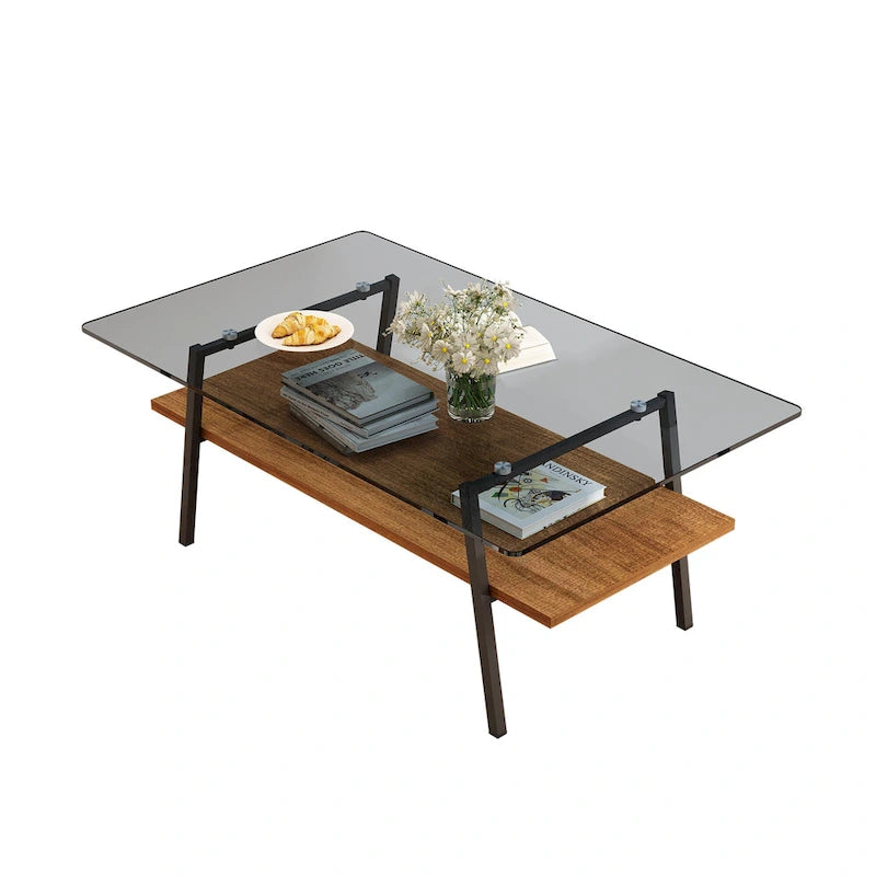 Rectangle Coffee Table,Tempered Glass Tabletop with Metal Legs,Modern Table for Living Room,Glass