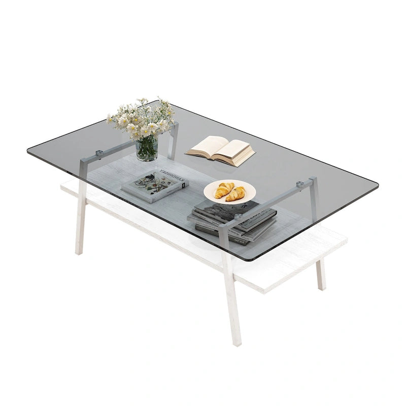 Rectangle Coffee Table,Tempered Glass Tabletop with Metal Legs,Modern Table for Living Room,Glass