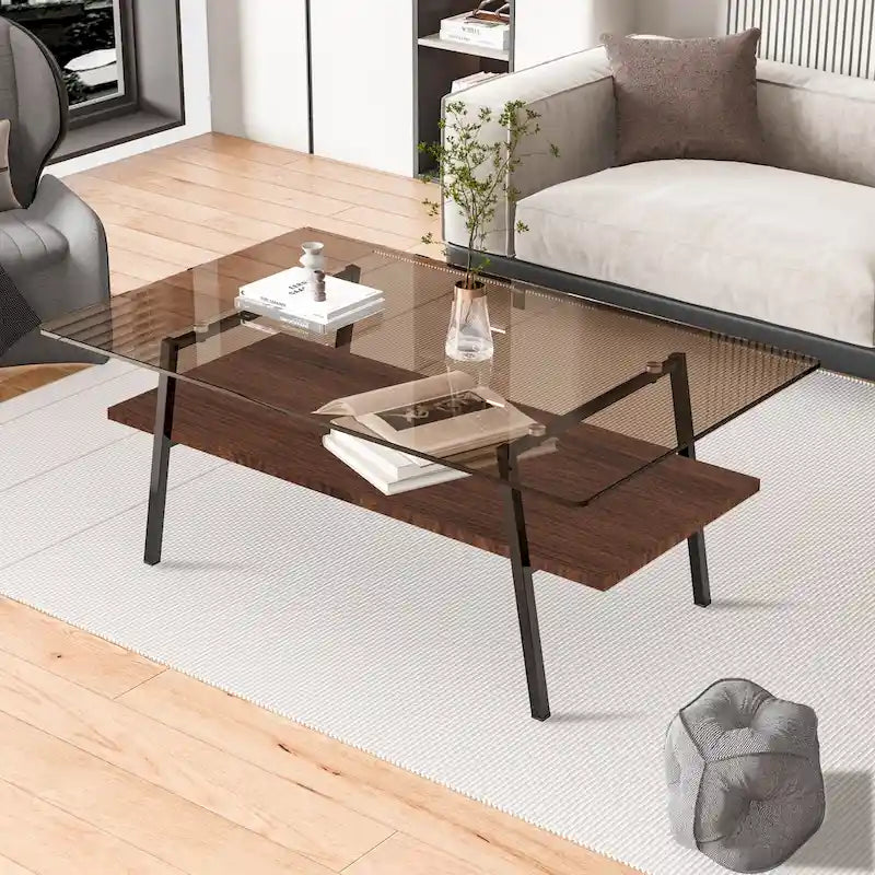 Rectangle Coffee Table,Tempered Glass Tabletop with Metal Legs,Modern Table for Living Room,Glass