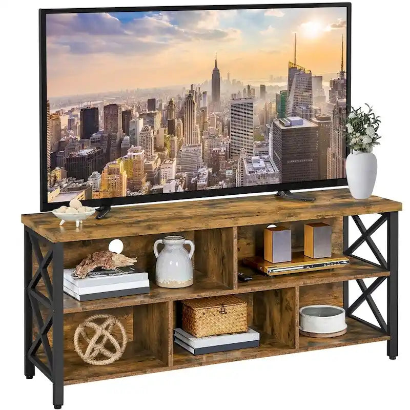 Brown & Black Industrial TV Stand, 5-Compartment, Fits up to 65" TV, 1-Person Assembly