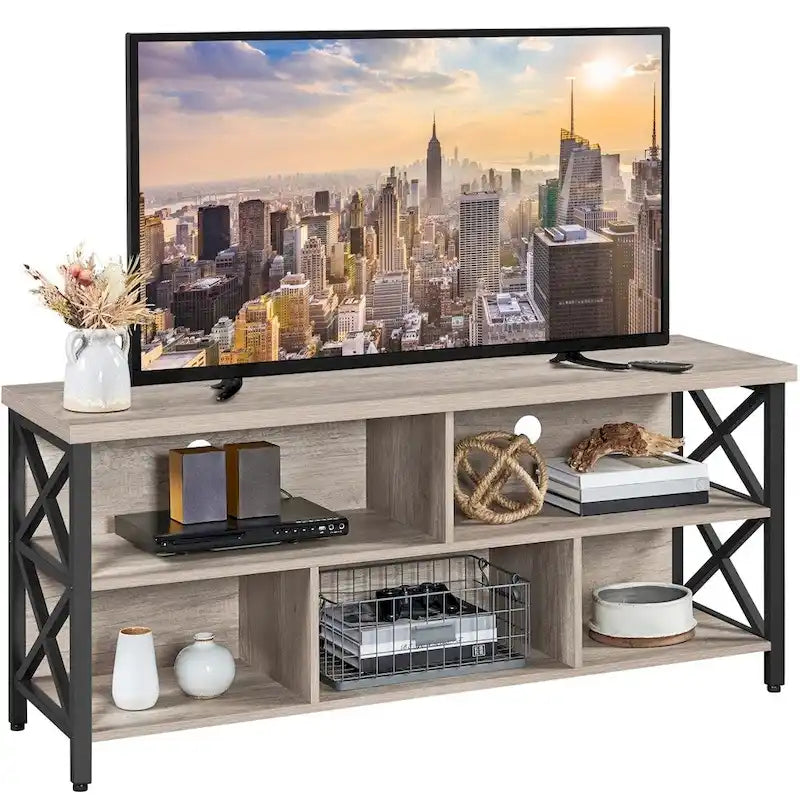 Brown & Black Industrial TV Stand, 5-Compartment, Fits up to 65" TV, 1-Person Assembly