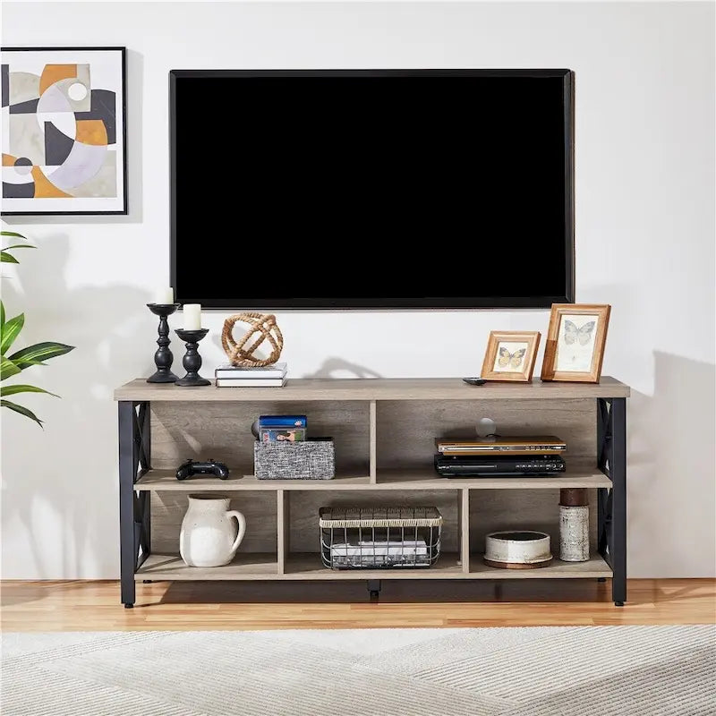 Brown & Black Industrial TV Stand, 5-Compartment, Fits up to 65" TV, 1-Person Assembly
