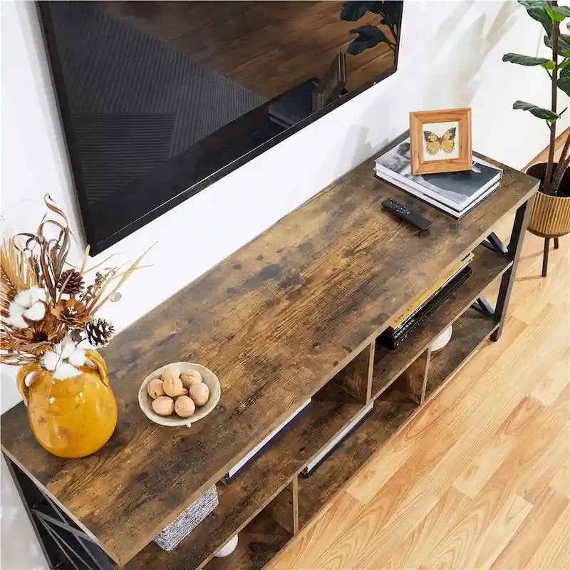 Brown & Black Industrial TV Stand, 5-Compartment, Fits up to 65" TV, 1-Person Assembly