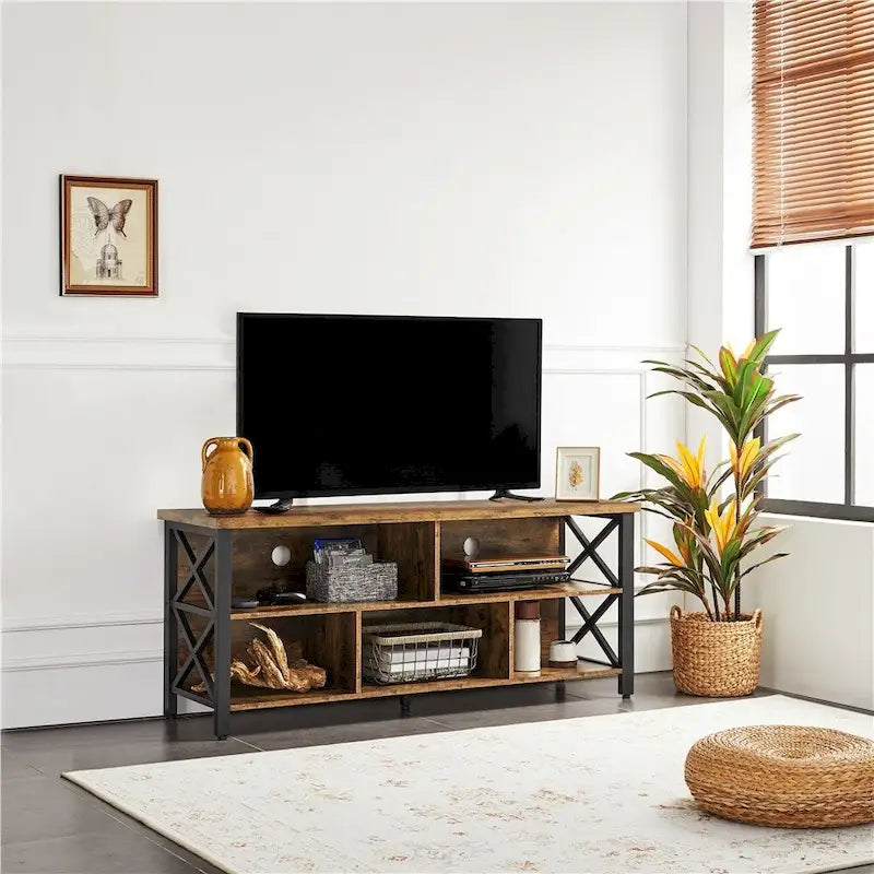 Brown & Black Industrial TV Stand, 5-Compartment, Fits up to 65" TV, 1-Person Assembly