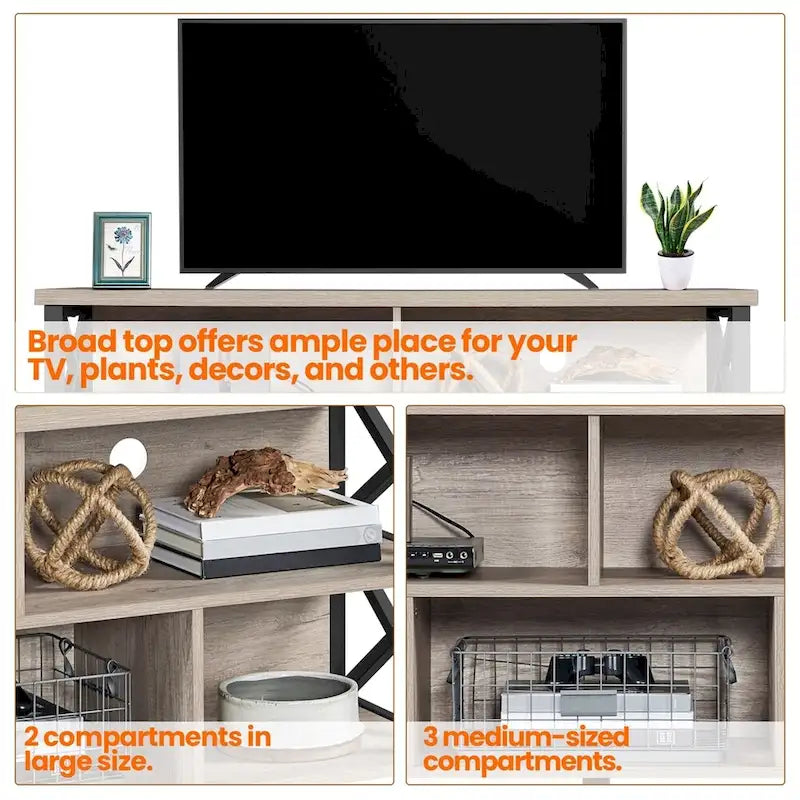 Brown & Black Industrial TV Stand, 5-Compartment, Fits up to 65" TV, 1-Person Assembly