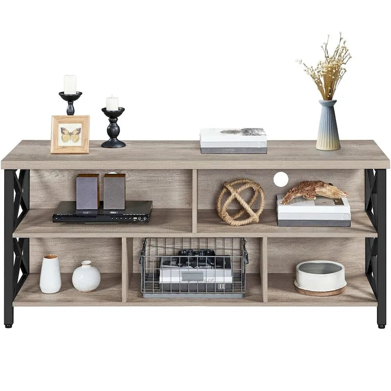 Brown & Black Industrial TV Stand, 5-Compartment, Fits up to 65" TV, 1-Person Assembly
