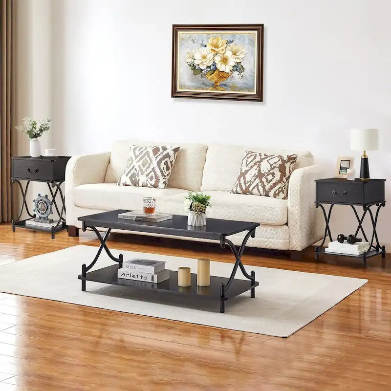 Modern 3-piece Coffee Table, Sofa Table & 1-drawer Nightstand Set of 2(Brown/Black/White)