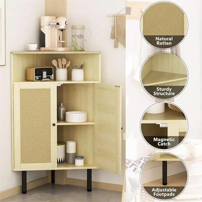 4 Tier Corner Cabinet with Doors Shelves Rattan Freestanding Bar Storage Cabinet - 22.25D x 15.75W x 39.56H