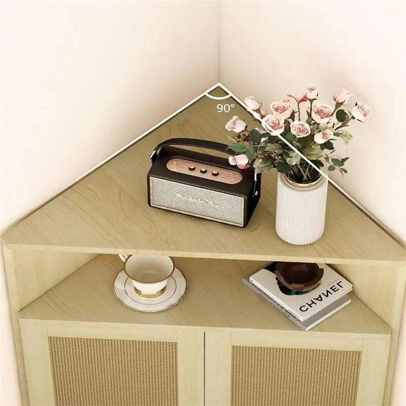 4 Tier Corner Cabinet with Doors Shelves Rattan Freestanding Bar Storage Cabinet - 22.25D x 15.75W x 39.56H
