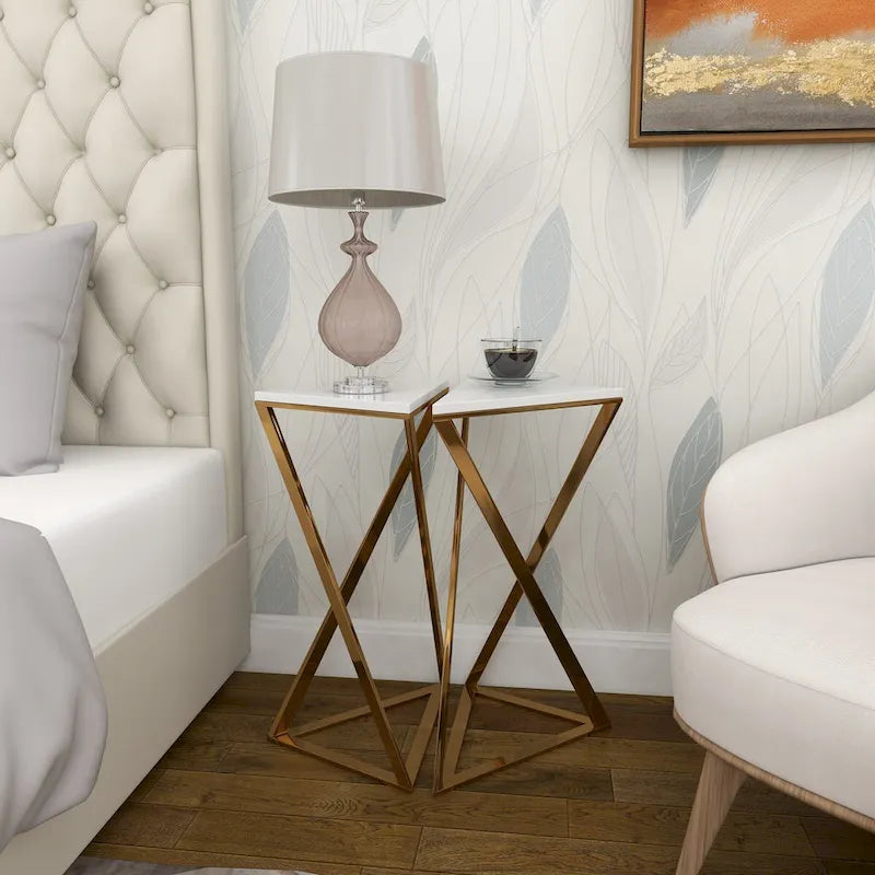 Metal Side End Accent Table with Marble Top - Set of 2 Gold