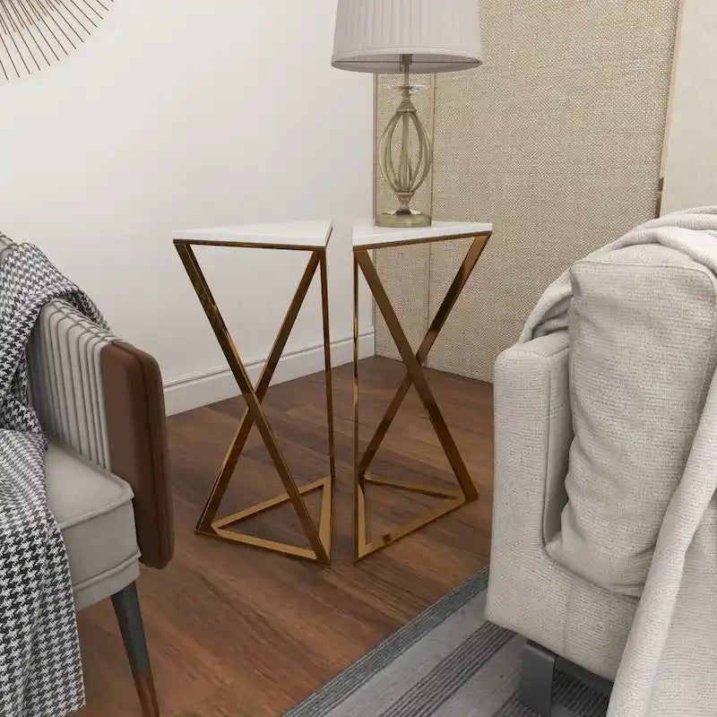 Metal Side End Accent Table with Marble Top - Set of 2 Gold