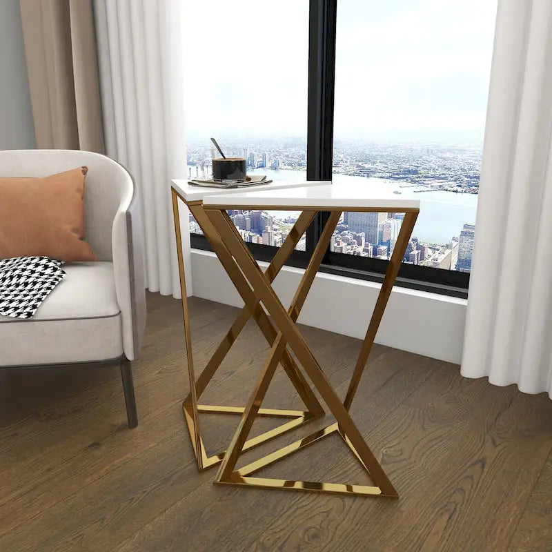 Metal Side End Accent Table with Marble Top - Set of 2 Gold