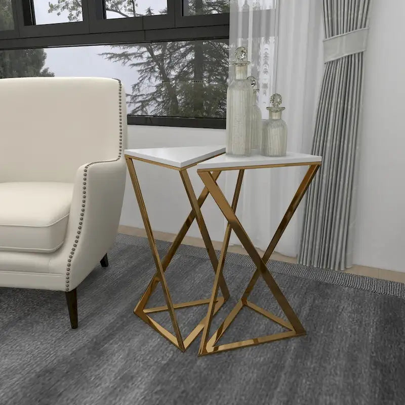 Metal Side End Accent Table with Marble Top - Set of 2 Gold